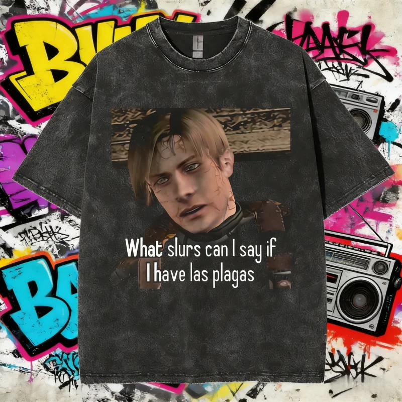 

2025 Summer 90s Leon S Kennedy Resident Evil 4 Vintage Washed Tee Shirt Men's Women Harajuku Breathable Gothic Streetwear Y2k