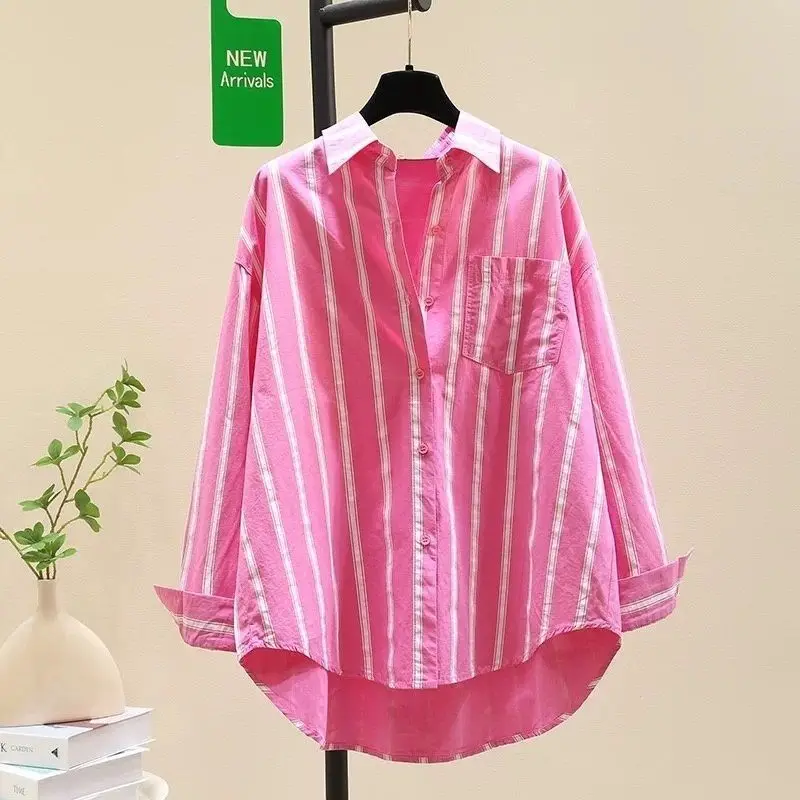Summer Casual Korean Fashion Loose Buttons Single Breasted Striped Long Sleeve Youth Lively Bright Easy Close to the People Wild