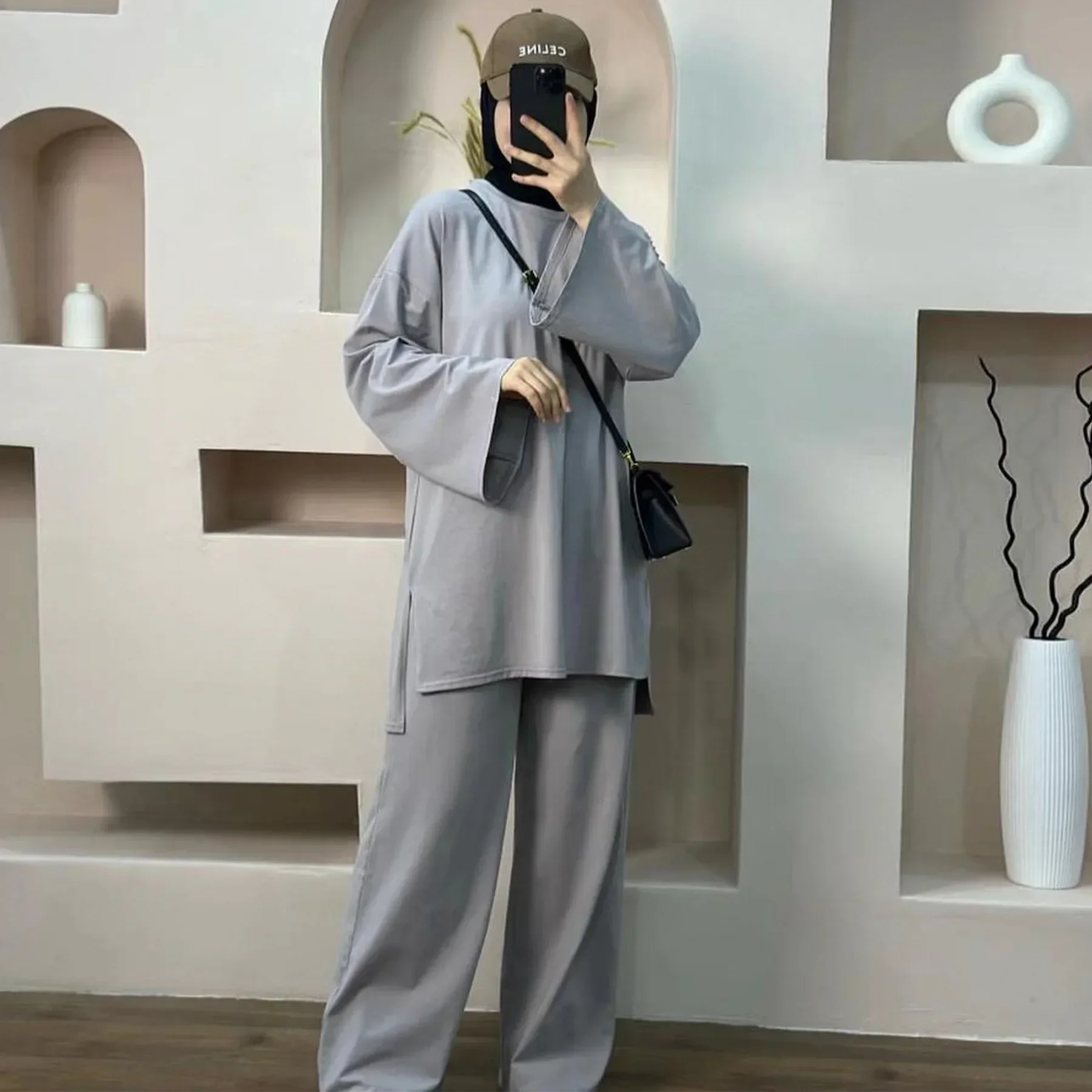 Plain Casual Abaya 2 Piece Set Turkey Top and Pants Muslim Sets Abayas for Women Dubai Kaftan Islam Outfits Ensembles Musulmans