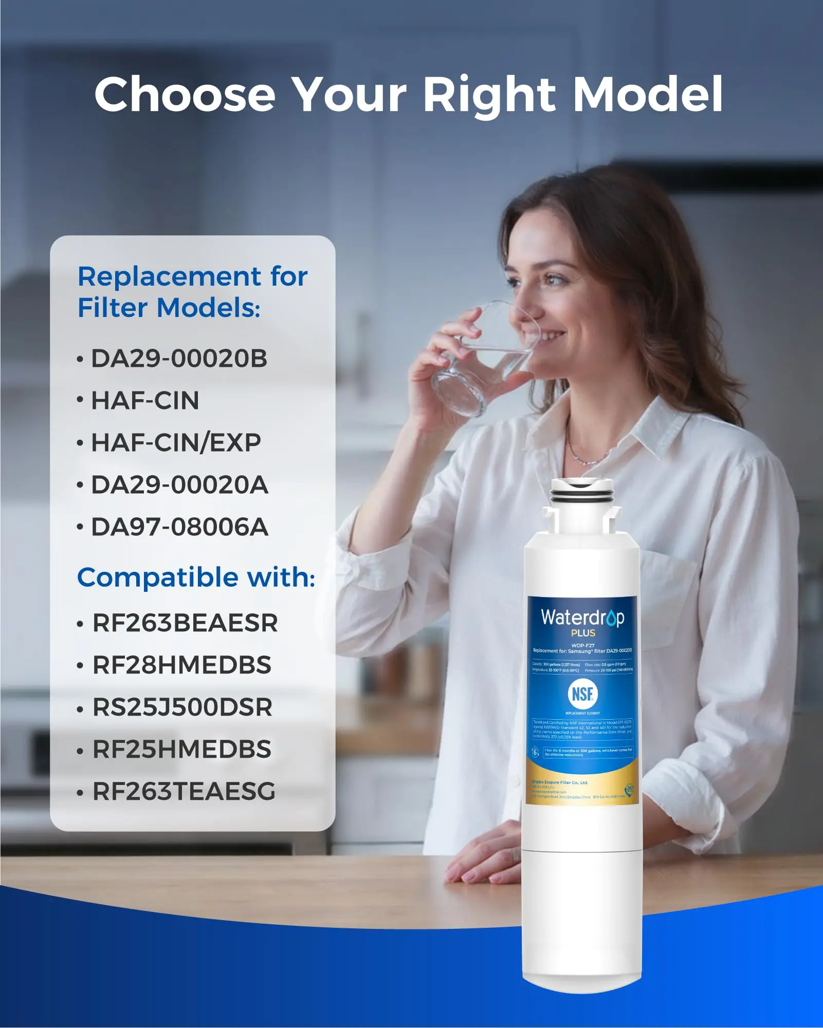 Waterdrop Plus WDP-F27 NSF 401 Certified Refrigerator Water Filter, Reduce PFOA/PFOS, Replacement for Samsung® DA29-00020B Water Filter HAF-CIN, HDX FMS-2, DA97-08006A-1, 46-9101, RF28HMEDBSR