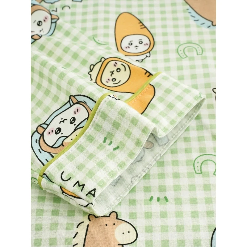 

Милый комплект пижамы Chiikawa: Кавайные пижамы Hachiware Usagi с зеленым клетчатым принтом, длинными рукавами и брюками, мягкая и удобная одежда для сна и отдыха для девочек