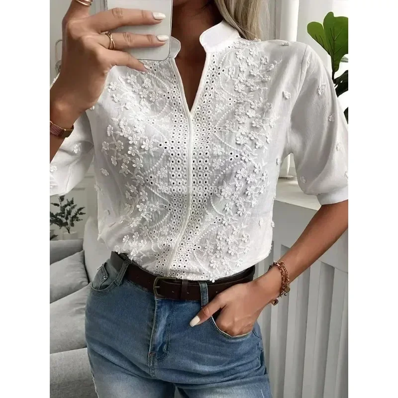 Summer Women Casual Chic White Blouses V Neck Hollow Out Floral Pattern Eyelet Embroidery Half Sleeve Daily Wear Top