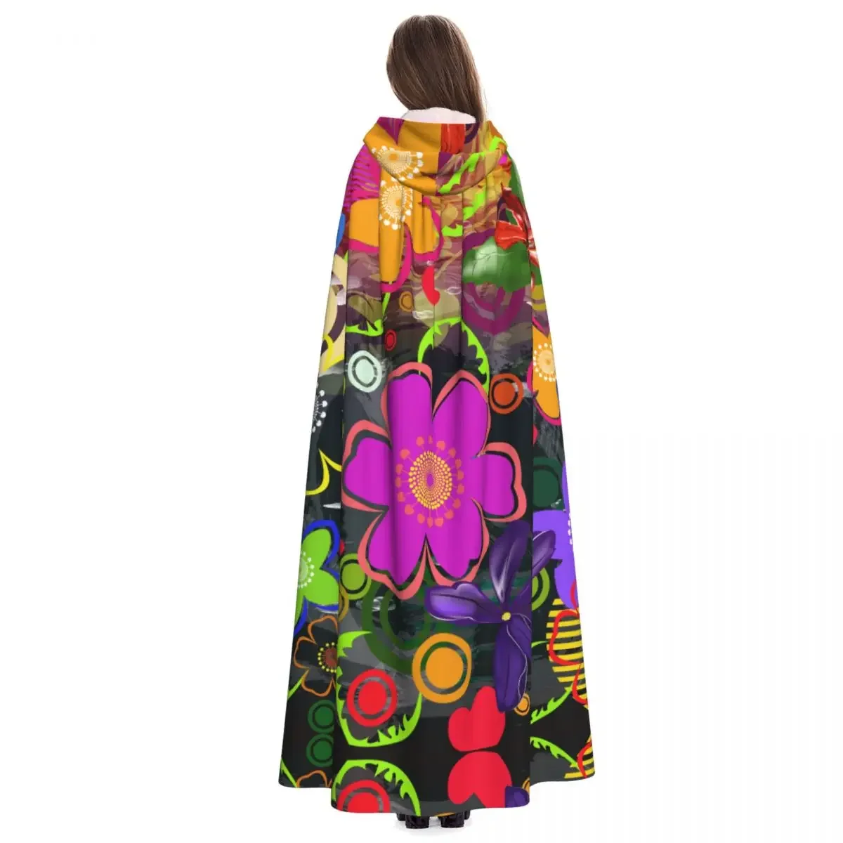 Abstract Floral Flowers Decorative Ornaments Hooded Polyester Unisex Witch Cape Costume Accessory image 4