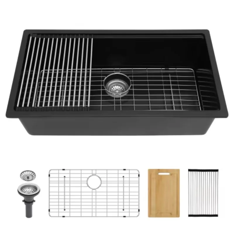

ATV Wholesale Modern Quartz Kitchen Sink 32x19 Inch Black Composite Granite Single Bowl Undermount Sink
