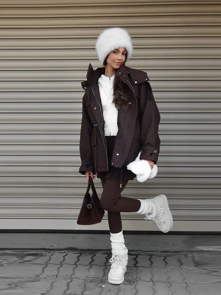 Kapuzenjacke mit Mehreren Taschen und Kordelzug für Damen, Streetwear-Stil mit Stehkragen, Epauletten, Langen Ärmeln, Locker Geschnittene Mäntel, Schicke Damen-Oberbekleidung – Detail 16