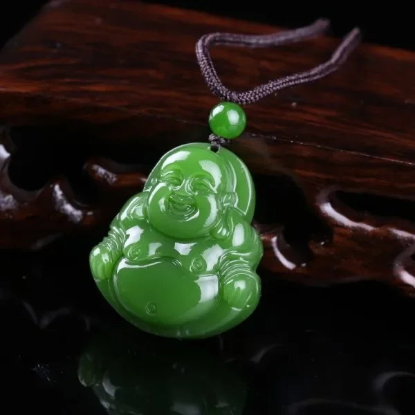 Chinese Xinjiang green Jade Maitreya Buddha Pendant Hand Carving Necklace Fashion Amulet Luck Gifts Men Sweater Chain Free Rope