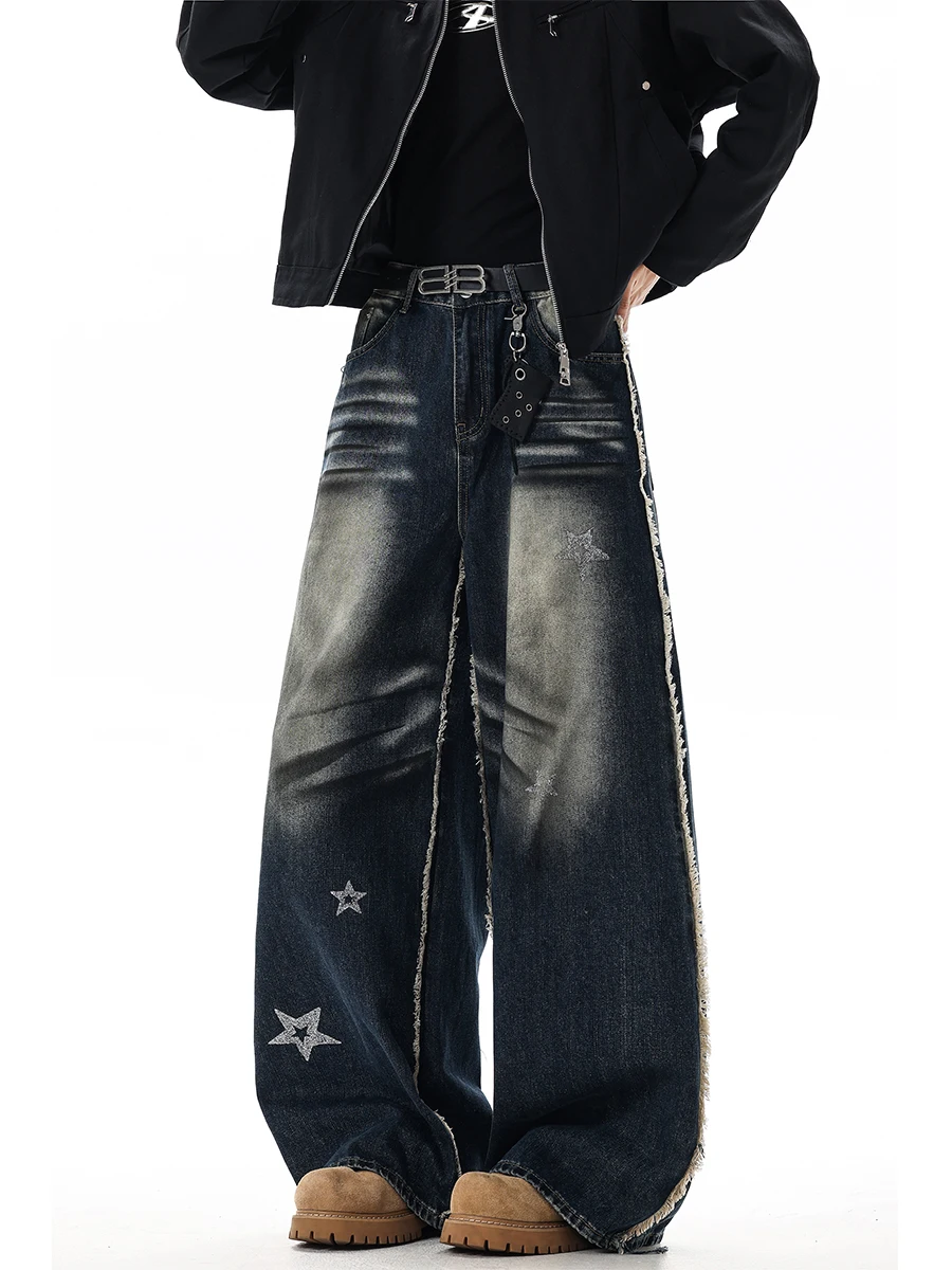 

Boyue Vintage Wide Leg Jeans Men's Women's Distred Floor Length Streetwear Sle Bootcut Trousers Casual Straight Fit Jeans