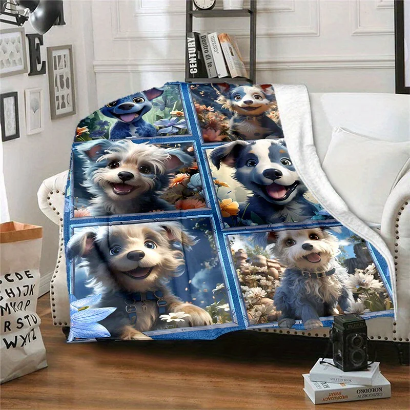 1pc Cozy Cute Dog Blue Border Flower Splice Print Blanket Lightweight Flannel Throw For Sofa, Bed, Livingroom, Office, Couch, Tr