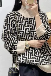 Maglione di capra di fascia alta 100% da donna con colletto alla coreana maglione allentato autunno inverno nuovo stile di stile occidentale con riduzione dell'età