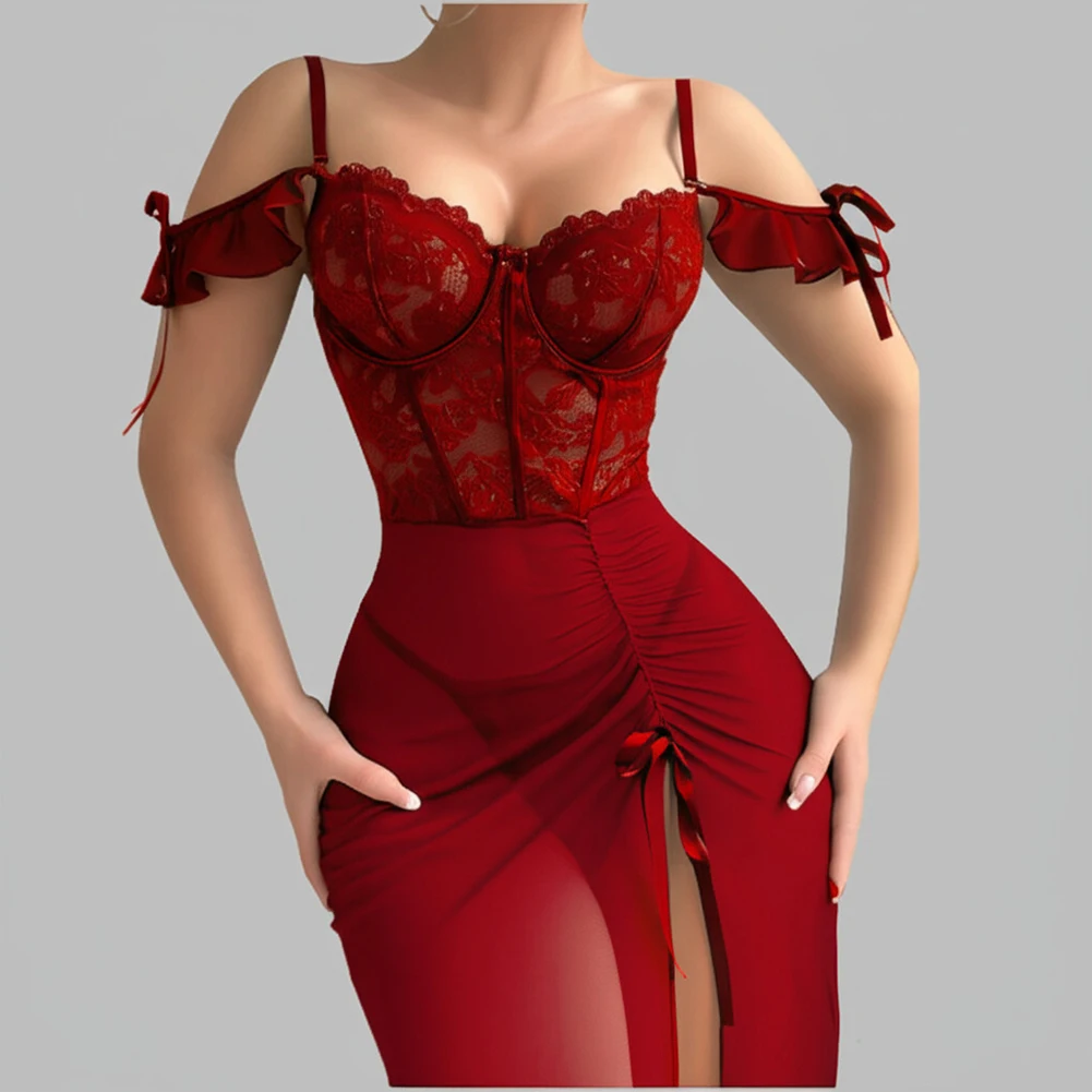 

Women V Neck Spaghetti Strap Lace-up Breathable Sleepwear Sheer Quick Dry Mesh Slit Sexy Lingerie Sets Lounge Women's Pajamas