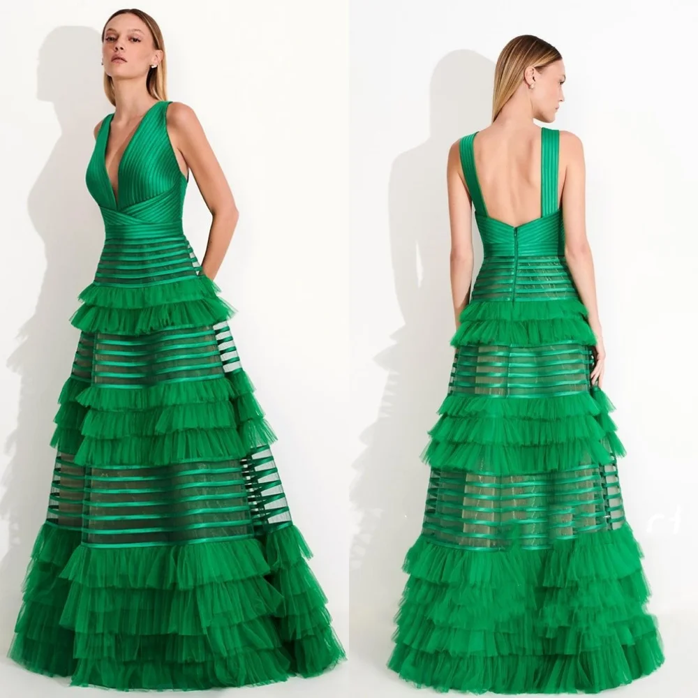 

Customized High Quality Evening Jersey Tiered Ruched Party A-line V-neck Bespoke Occasion Gown Long Dresses