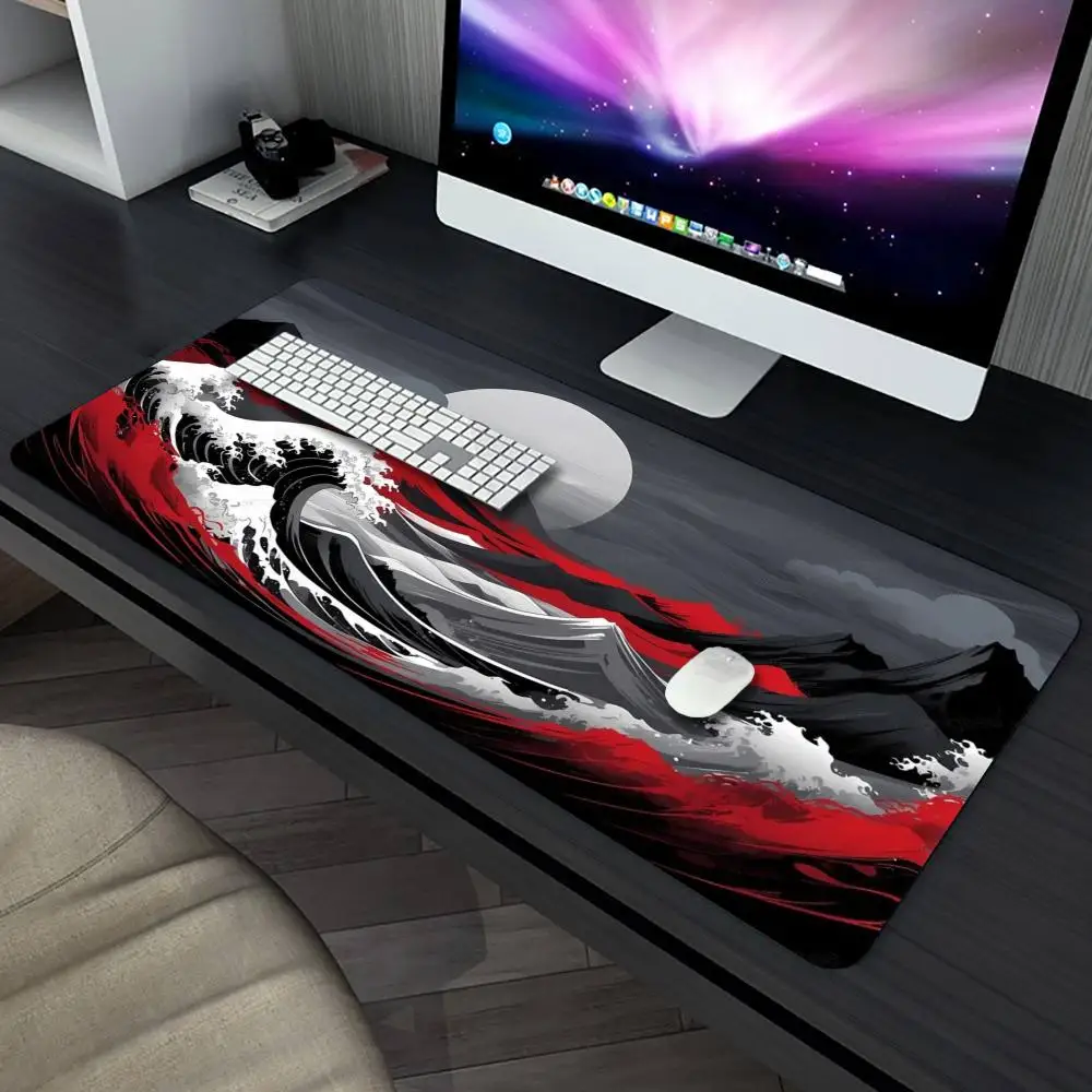 XXL Red Black Great Wave Mountain Full Moon Play mat Non-Slip Rubber Base Stitched Edge Desk Pad for Office Esports Gaming Gift