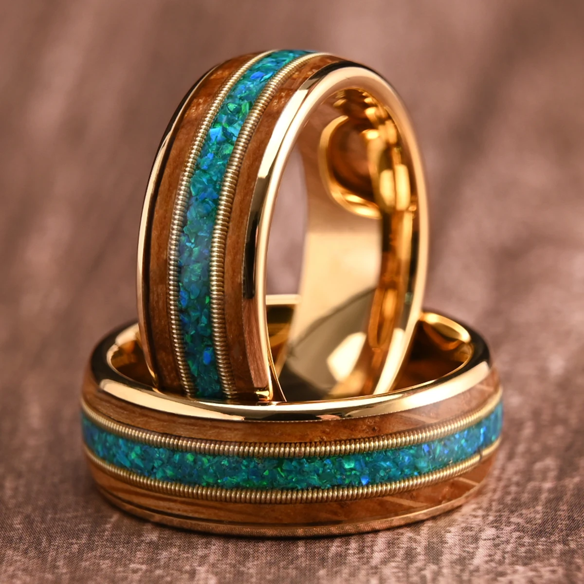 8MM Gold Tungsten Men's Wedding Bands Inlaid Malachite & Guitar Strings Whiskey Barrel Wood Ring Couple Engagement Promise Ring