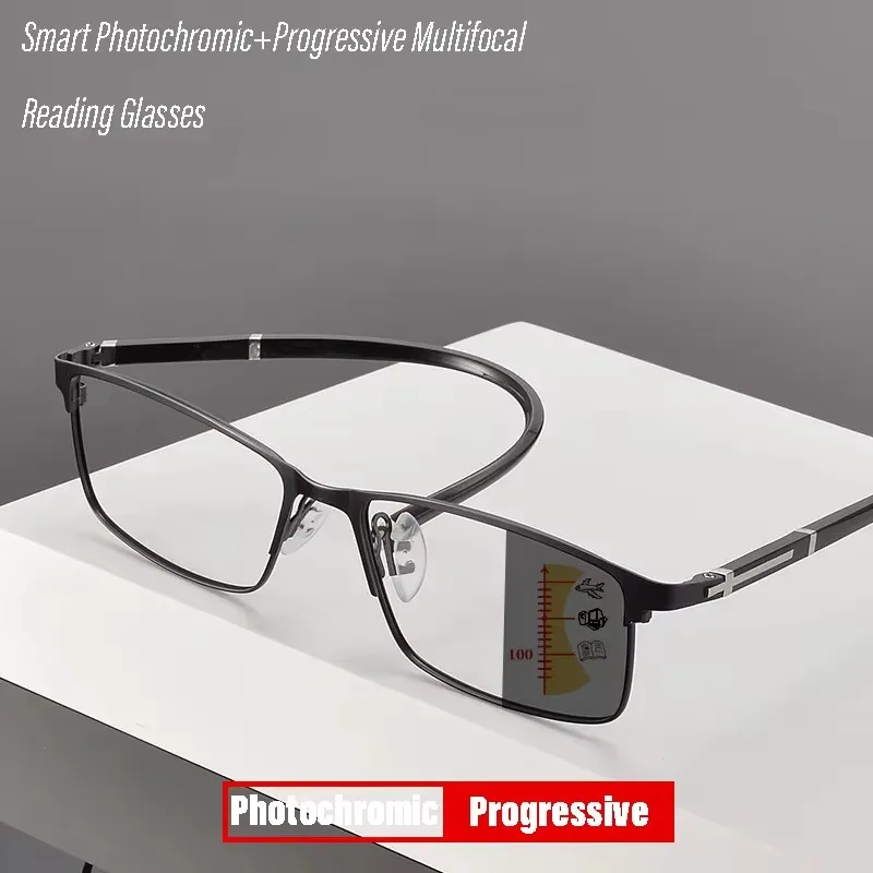 Lunettes de lecture multifocales photochromiques pour hommes, branches super élastiques, monture de style professionnel, anti-lumière bleue