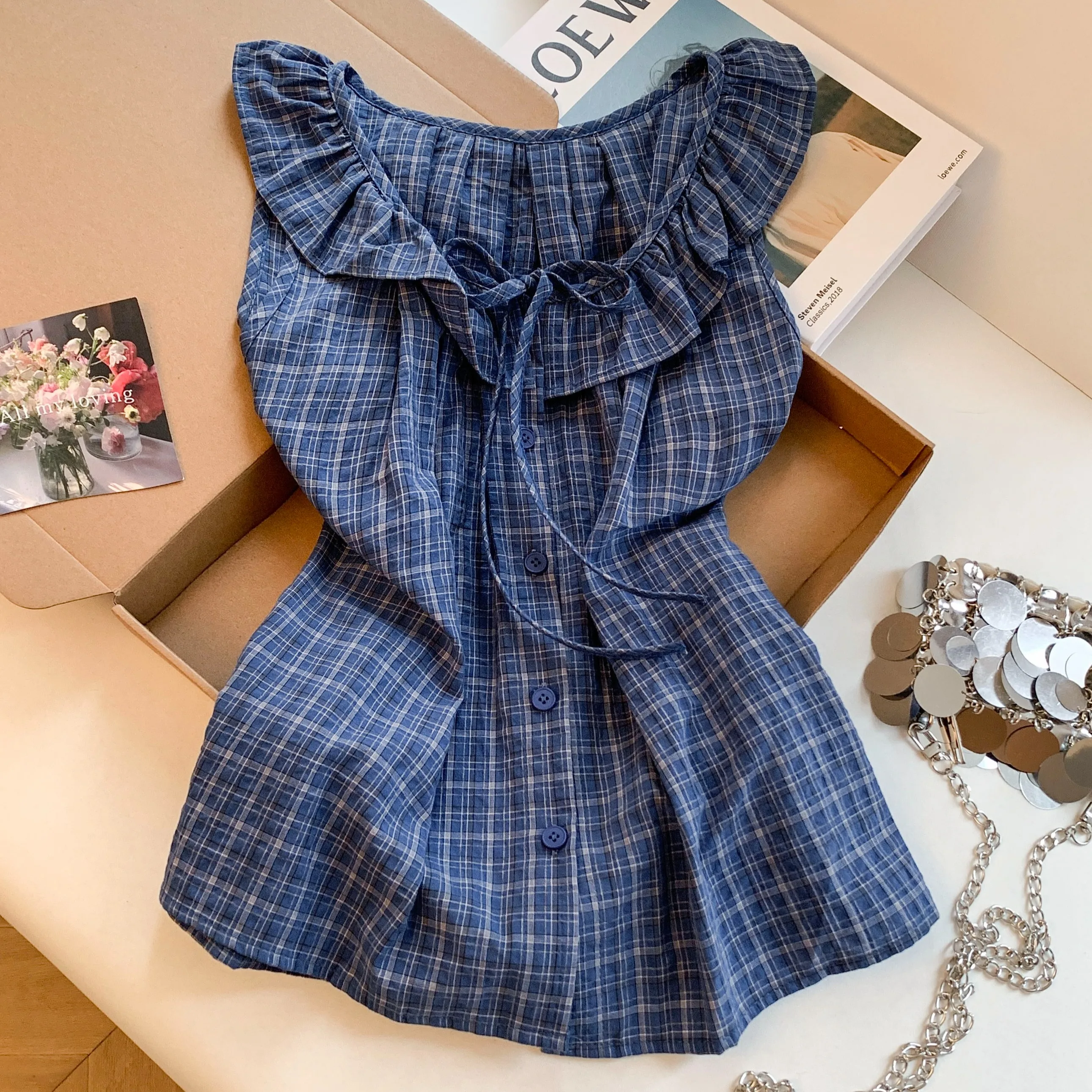 

Korean Plaid Ribbon Doll Collar Sleeveless Shirt Women Summer 2026 New Loose Slimming Vest Small Shirt Breathable Skin-Friendly