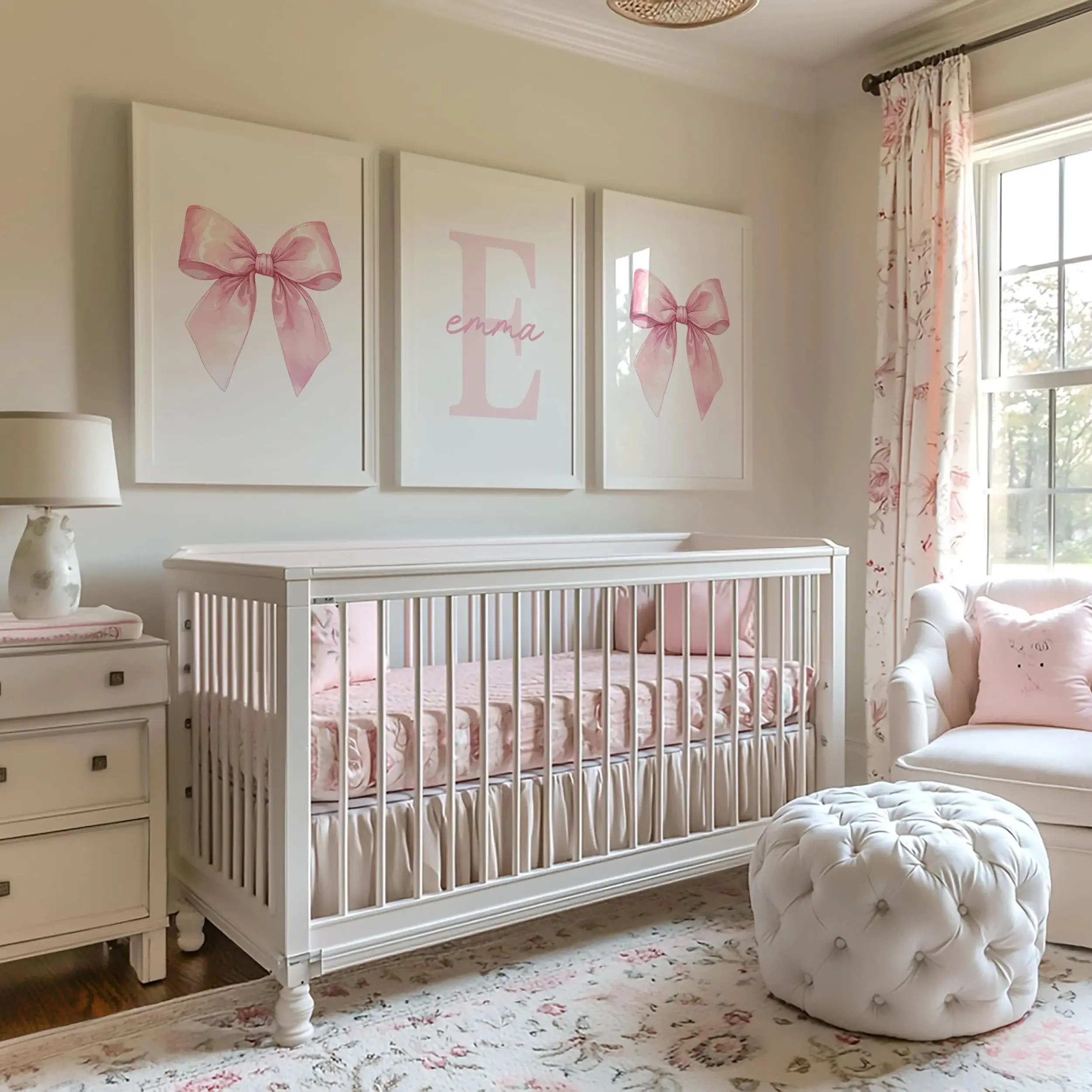 Personalisiertes Rosa Schleifen-Aquarell Wandkunst-Set, Individuelle Namensschilder, Raumdekoration, Maßgefertigte Initialen, Mädchenhafte Kinderzimmer-Deko, Geschenk