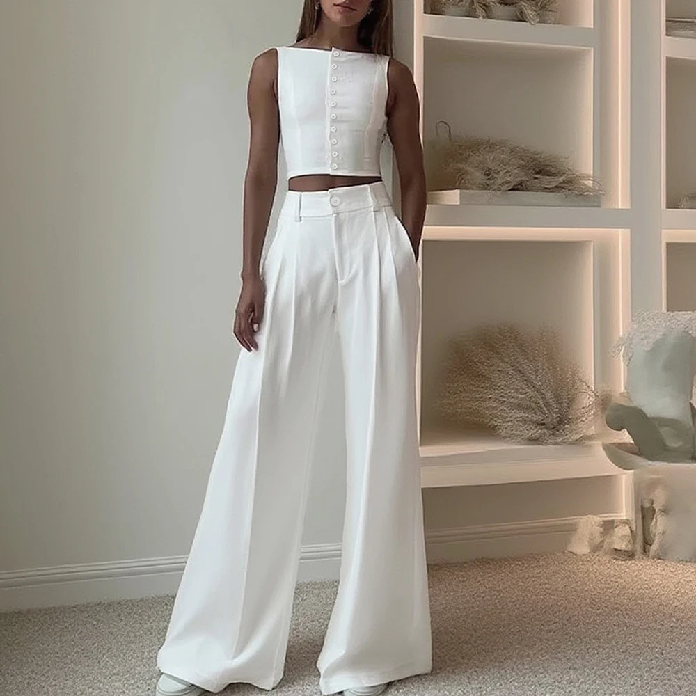 

Женский укороченный топ без рукавов Mia Muse, лето 2025 и широкие брюки с высокой талией, минималистичные комплекты одежды из двух предметов