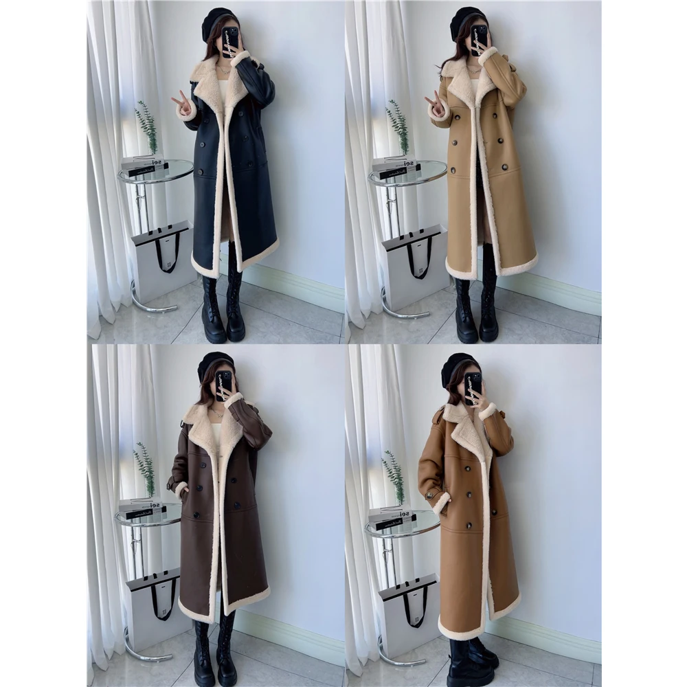 Luxury Women Woolen Jackets Textured Pu Leather Lapel Collar Long Coats Thick Warm Female Winter Commute Overcoats