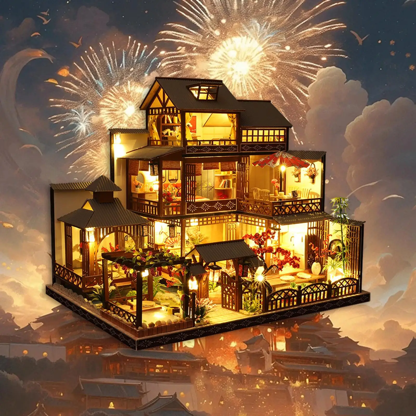 Japanese Courtyard Miniature Dollhouse Kit 1 24 Scale Wooden Model with LED Lights and Furniture for Creative Adults Home Gift Japanese Courtyard Miniature Dollhouse Kit 1 24 Scale Wooden Model with LED Lights and Furniture for Creative Adults Home Gift