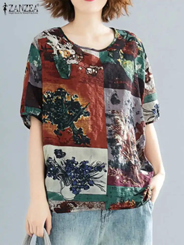 2023 ZANZEA Fashion Tops Women Blouses Summer Blusas Short Sleeve Cotton Printed Tunic Plus Size Blouse Casual Top Outwear