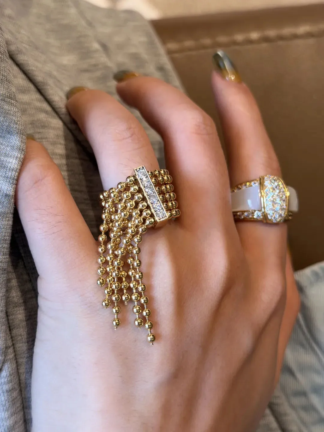 925 Silver Gold-Plated Multi-Layer Beaded Chain Vintage Collection Luxury Brand Classic Style Draperie Beaded Ring
