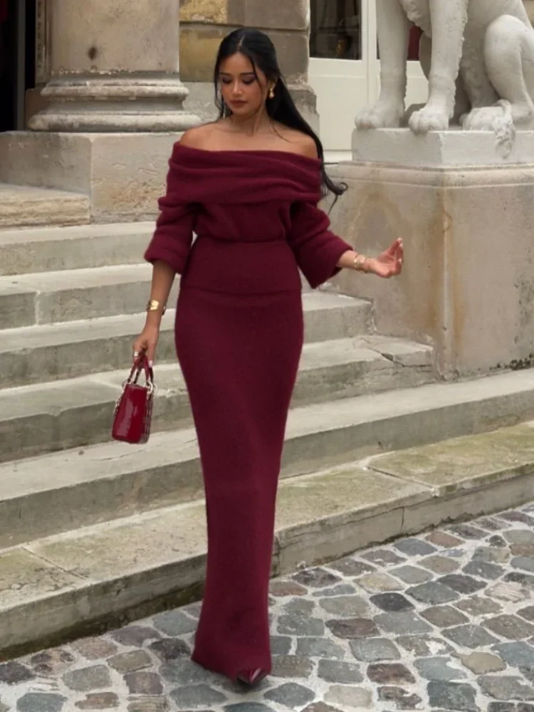 Knitted Off Shoulder Long Sleeved Slim Fit Dresses Elegant Solid Color High Waisted Women\'s Dress 2024 New Lady Party Streetwear