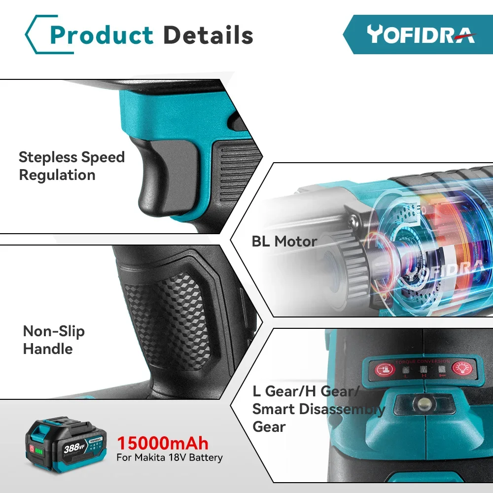 Yofidra 1200N.m High Torque Electric Impact Wrench 1/2 inch Cordless Car Wheel Wrench Driver Power Tools For Makita 18V Battery