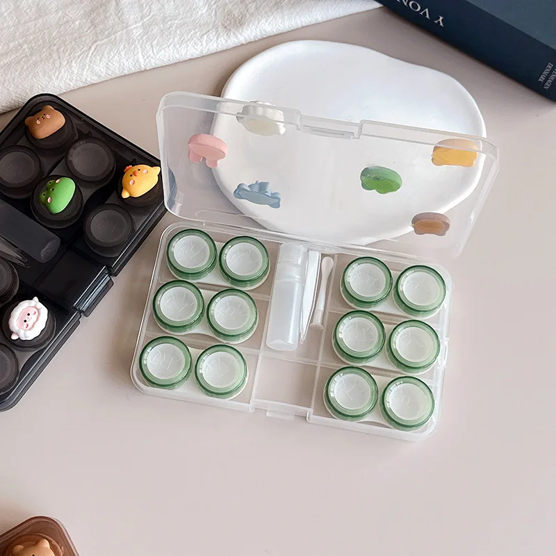 Dark Colored Multi Pair Contact Lens Case Diy Six Pairs Storage Box With 6 Double Containers Bottle Tweezers Travel Organizer