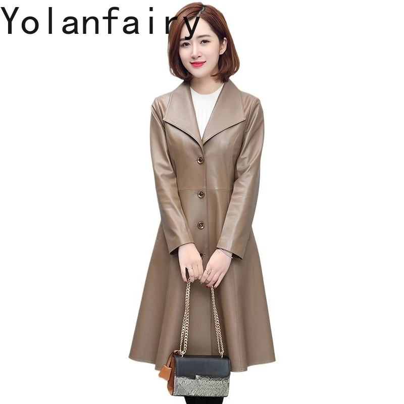 YOLANFAIRY 신상품 리얼 양가죽 트렌치코트 여성 한국 패션 진짜 가죽 재킷 여성 슬림핏 롱 윈드브레이커