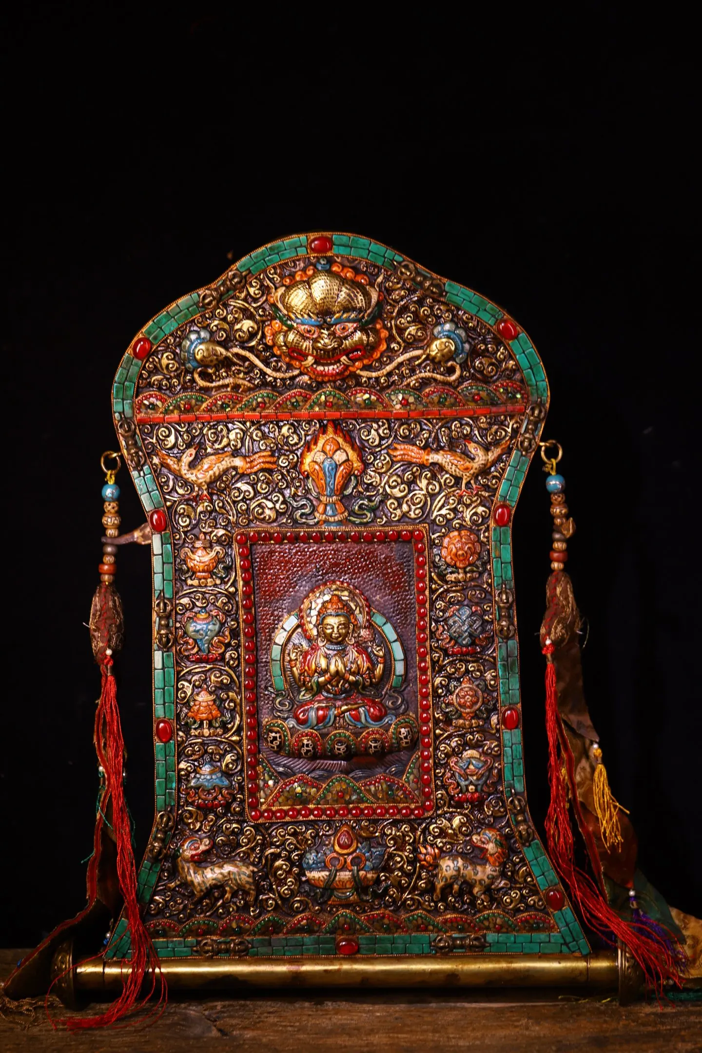 

Old Lima Copper Painted Mosaic Gem gZi Beads Turquoise Four armed Guanyin Sitting Buddha Thangka hanging screen Worship Hall