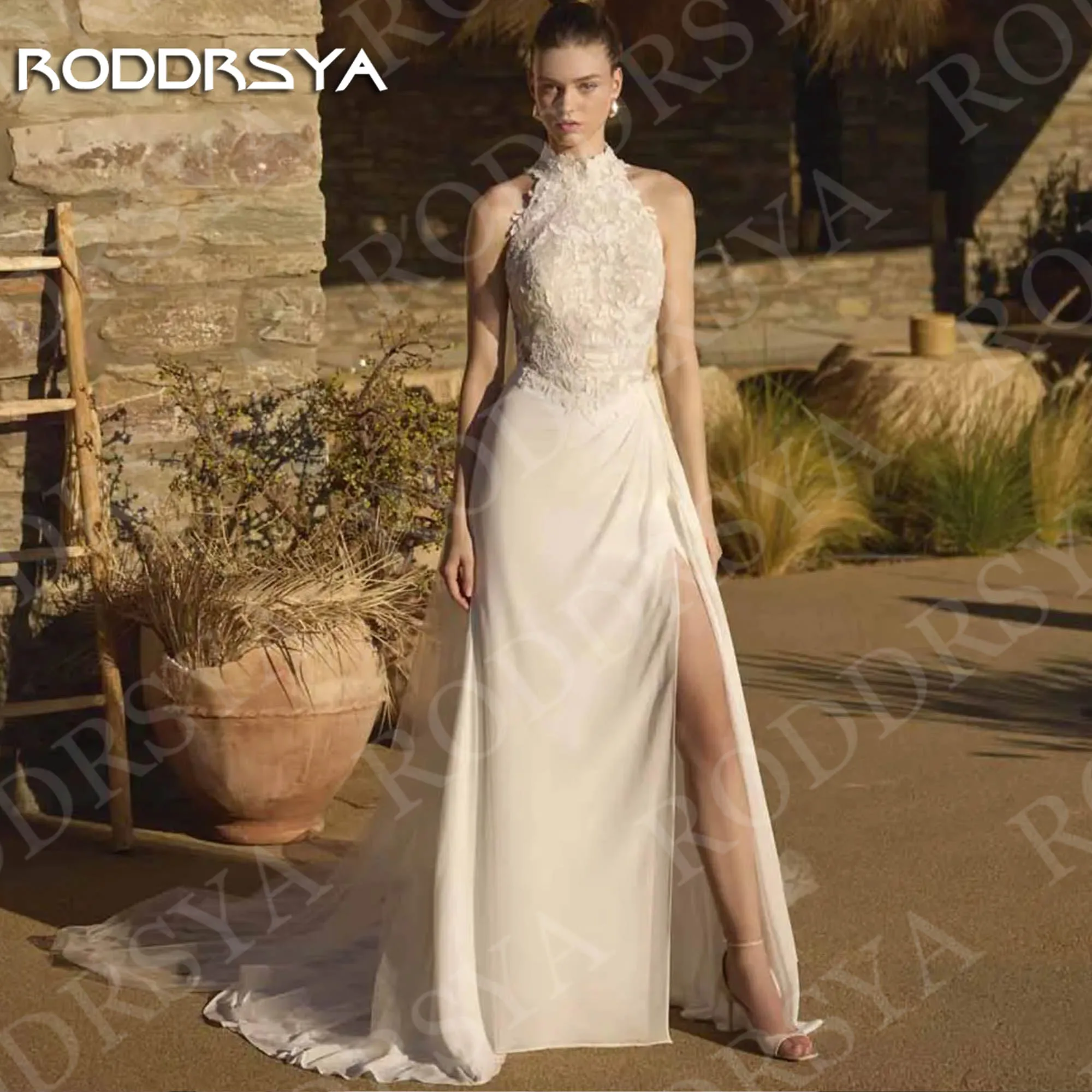 RODDRSYA فستان زفاف الشاطئ حورية البحر شق رومانسي بدون أكمام الوهم الخلفي زينة فساتين زفاف مخصصة رداء دي ماري شاطئ فستان الزفاف حورة البحر الشق رومانسية بلا أكمام وهم الظهر تطبق فساتين العروس مخصصة