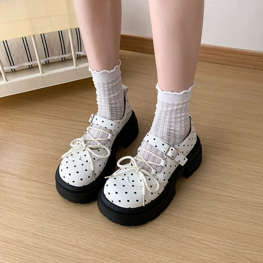 2026 New Round Head Bow Tie Thick Heel Heightening Slip-On Shoes Spring Summer Fresh Style Korean Version Polka Dot Flat Shoes
