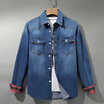 Denim Hemd Männer Baumwolle Jeans Hemd Mode Herbst Schlank Langarm Cowboy Hemd Stilvolle Waschen Schlank Tops Asiatische Größe 4XL