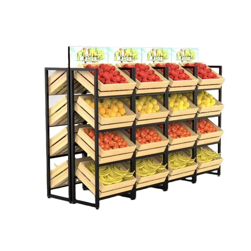 (customized)Supermarket Heavy Duty 4-Layer Wooden Display Rack Metallic Stand Fruits and Vegetables OEM Supplier