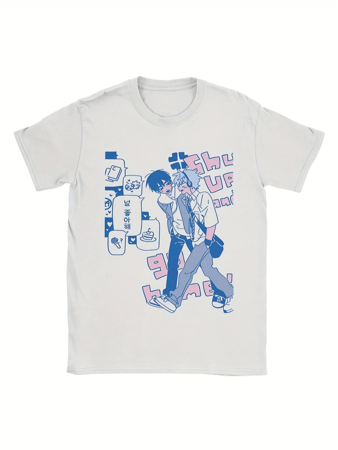 Anime-Inspired Graphic T-Shirt for Men Cute Couple Design with Korean Text and Speech Bubbles