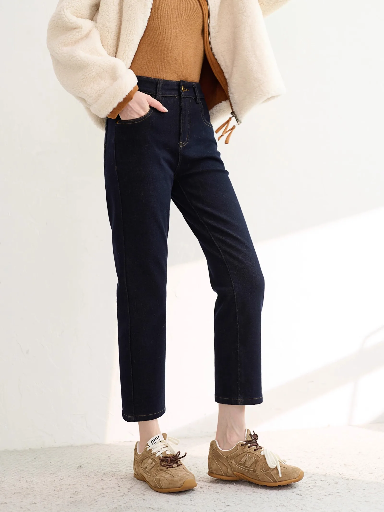 

JPOO хлопковые эластичные джинсы с высокой талией, теплые тонкие прямые эластичные зимние синие джинсы, женские повседневные модные джинсы