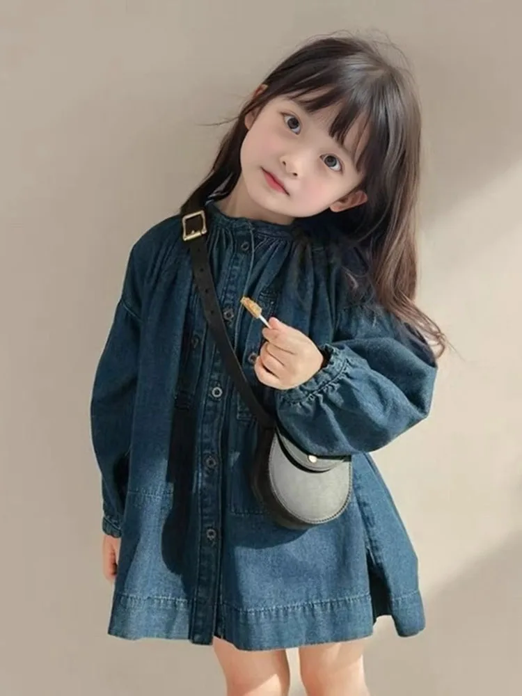 

2025 Children'S Spring Clothing Baby Girls Casual Dress Solid Color Long Sleeve Denim Skirt Fashions Loose Kids Dress 2-7 Year