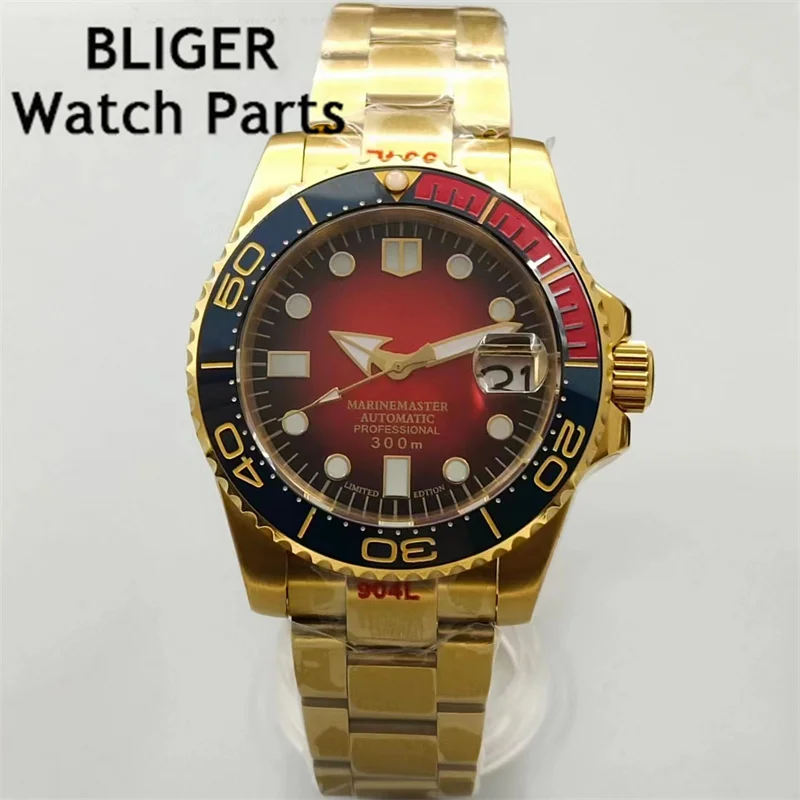 BLIGER 40mm golden luxury Mechanical Men Watch NH35 Movement Sapphire Glass Green luminous Oyster/Jubilee bracelet Ceramic Bezel