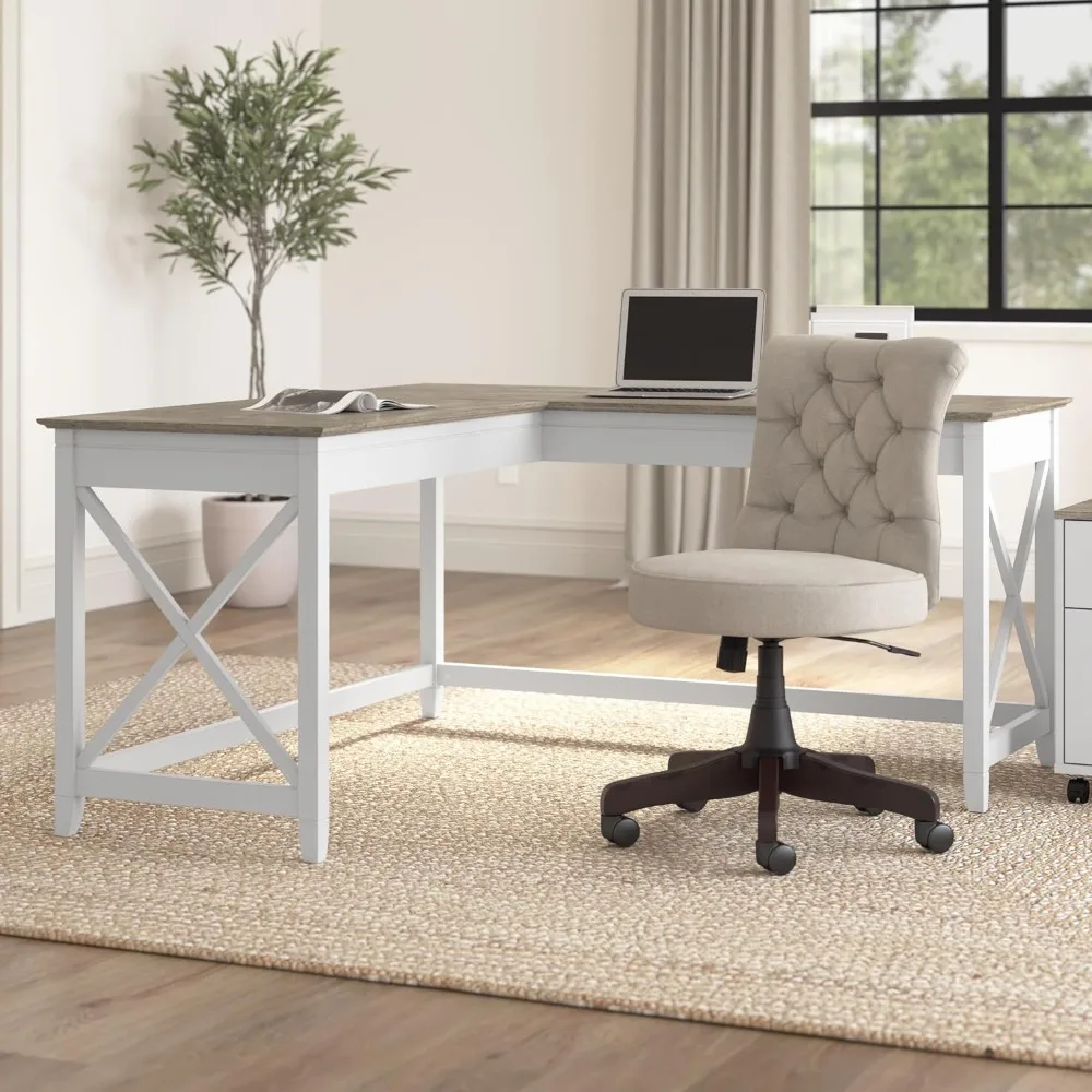 L Shaped Desk in Pure White and Shiplap Gray | 60-Inch Corner Table for Home Office Freight Free