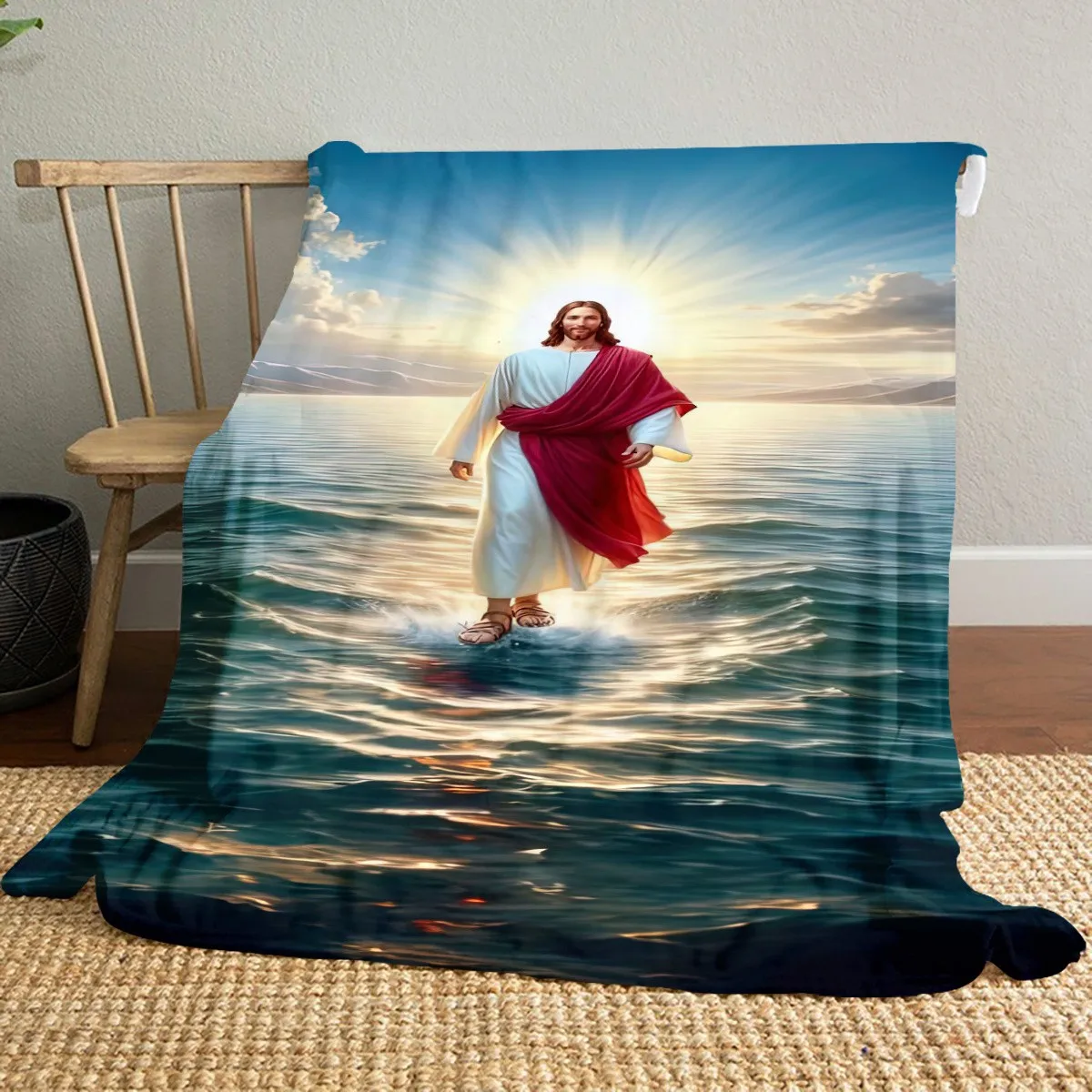 Jesus Walking On Water Religious Throw Blanket Soft Flannel Fleece for Car Home Travel Outdoor