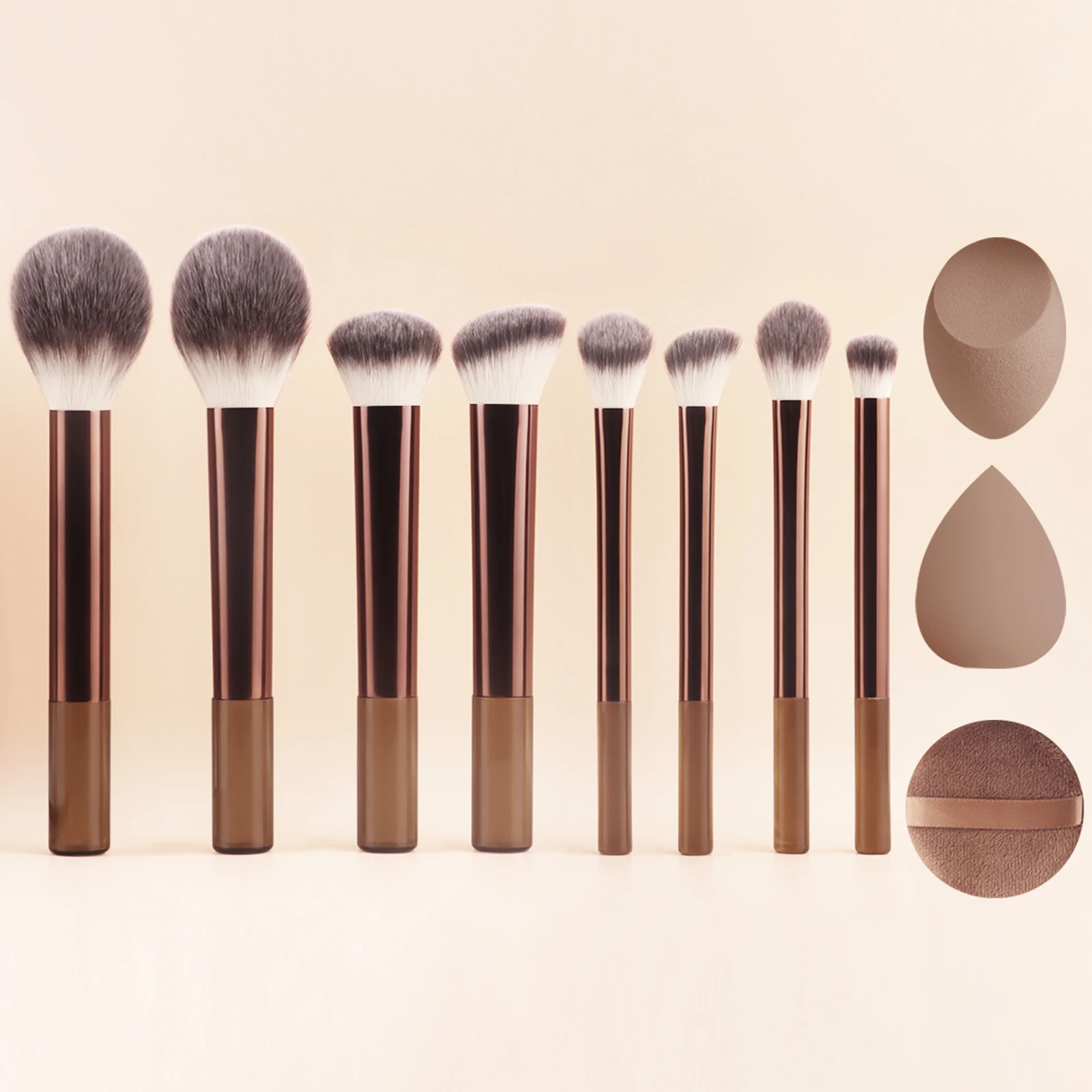 8Pcs Brown Coffee Makeup Brush Set,Powder Blush Foundation Eyeshadow Brushes With Triangle Puff