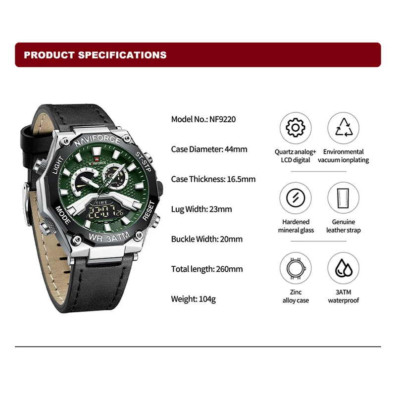 NAVIFORCE Fashion Dual Display Sport Watches for Men Casual Leather Band Quartz Waterproof Digital Wristwatch Relogios Male Gift