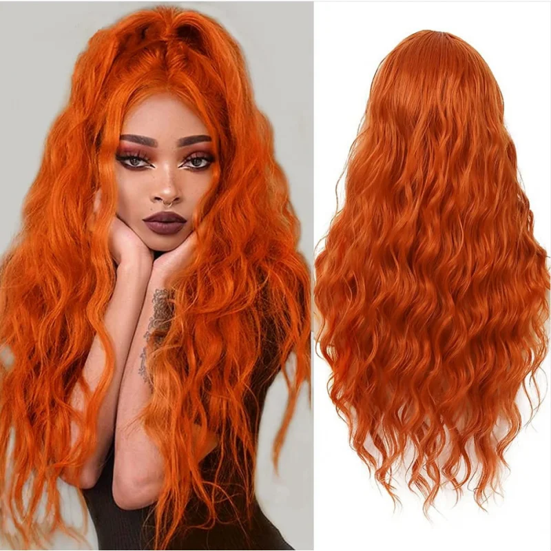 

Lace Wig 6/13 Large Area Imported Silk Free Parting Bangs Long Curly Hair Orange Breathable Natural Fit