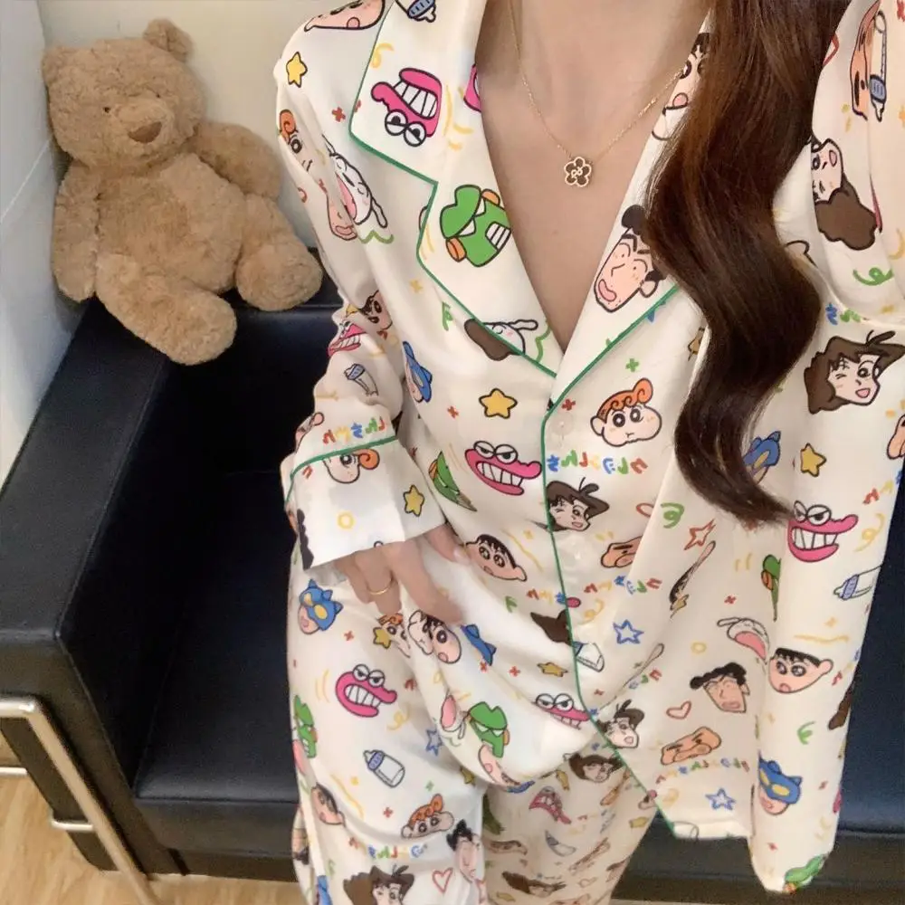 2Pcs Crayon Shin Chan Pajamas Spring and Autumn Women's Long Sleeved Pants Cute Cartoon Girls Pjs Couple Home Clothes Leisure