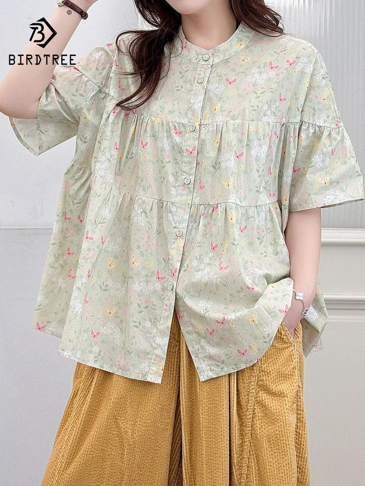 

New 2025 Summer Cotton Half Sleeve Shirt, Women Stand Floral Print, Mori Girl French Commute Age Reduction Loose Blouse T57352CC