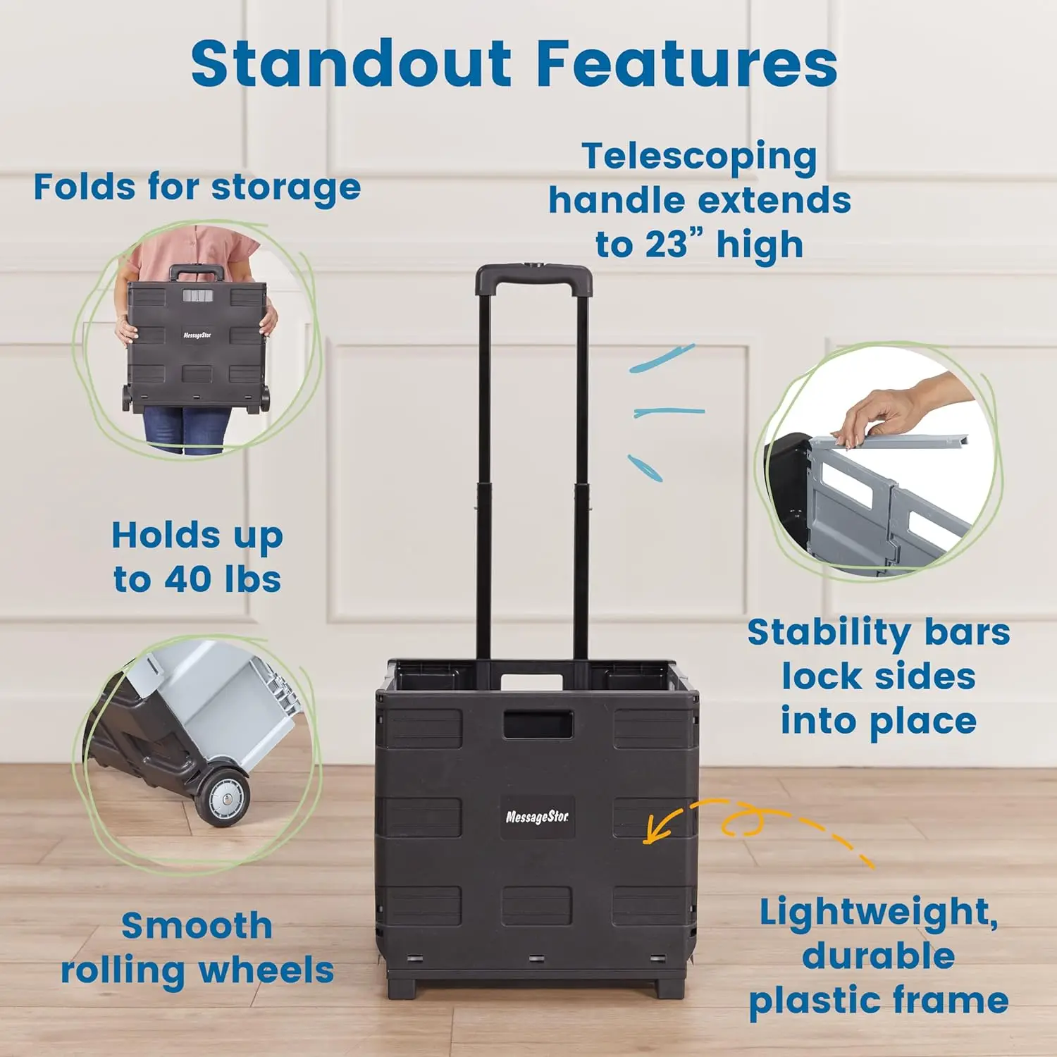 عربة دوارة عالمية مع حقيبة تنظيم قماشية، وحدة تخزين متنقلة باللون الأسود - متينة وقابلة للطي
