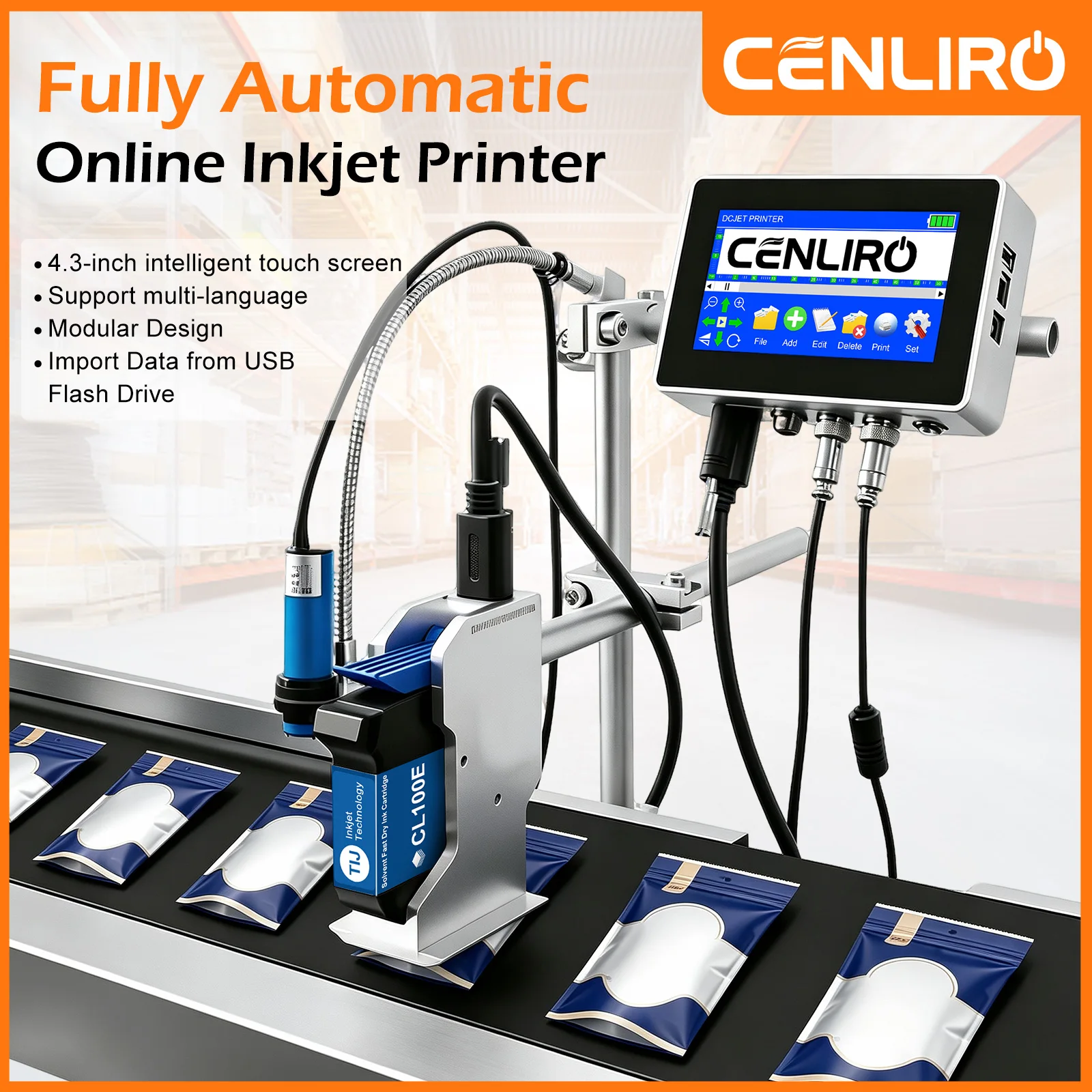 Cenliro CL3200 12.7/25.4mm Industrial Online Inkjet Printer with 4.3'' Screen for QR Barcode Batch Number Logo Date Coding