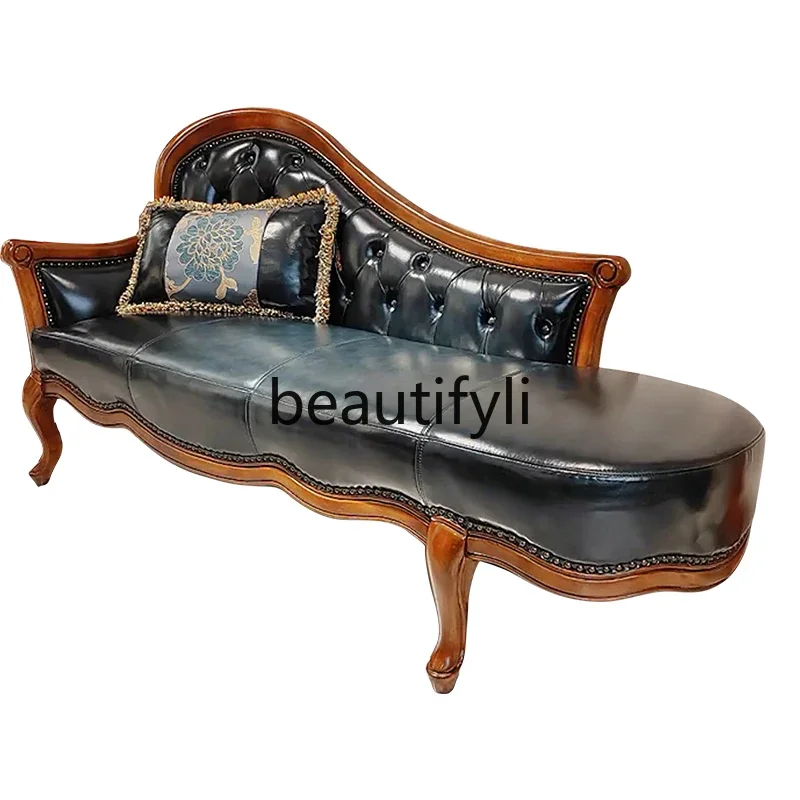 

American solid wood carving flower first layer cowhide lazy sofa stool shoe change stool beauty couch