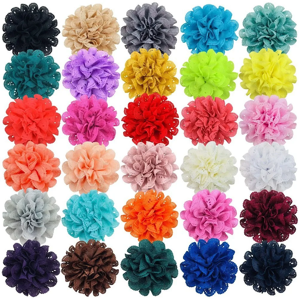 

400 шт., хит продаж, цветок на голову, 8 см, полый волнистый край, шифоновая ткань, цветок можно сочетать с повязкой на голову, 31 цвета на складе, оптовая продажа