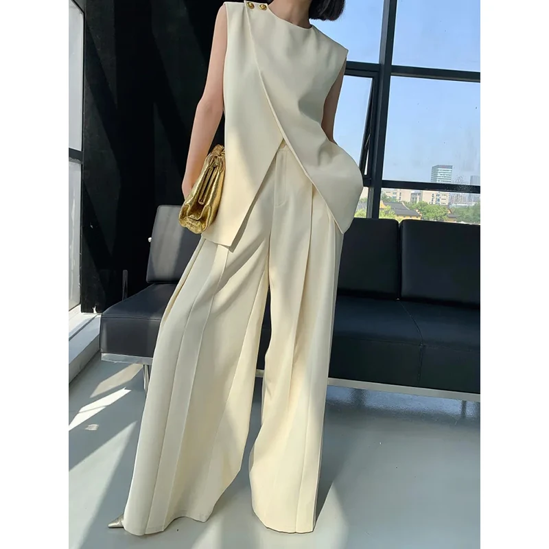 Deconstructed Sleeveless Vest Suit Set Women Summer Elegant Asymmetric Vest Wrinkle Resistant Avant Garde Office 2Piece Set